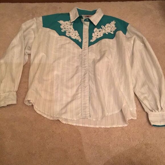 Vintage Deborah Haman Teal and Cream Western Shirt with Embroidery - Picture 2 of 6